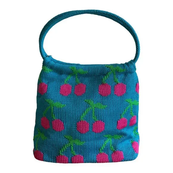 NWOT THE SAK Blue & Pink Cherry Print Crochet & Beaded Y2K Shoulder Bag - Picture 3 of 6